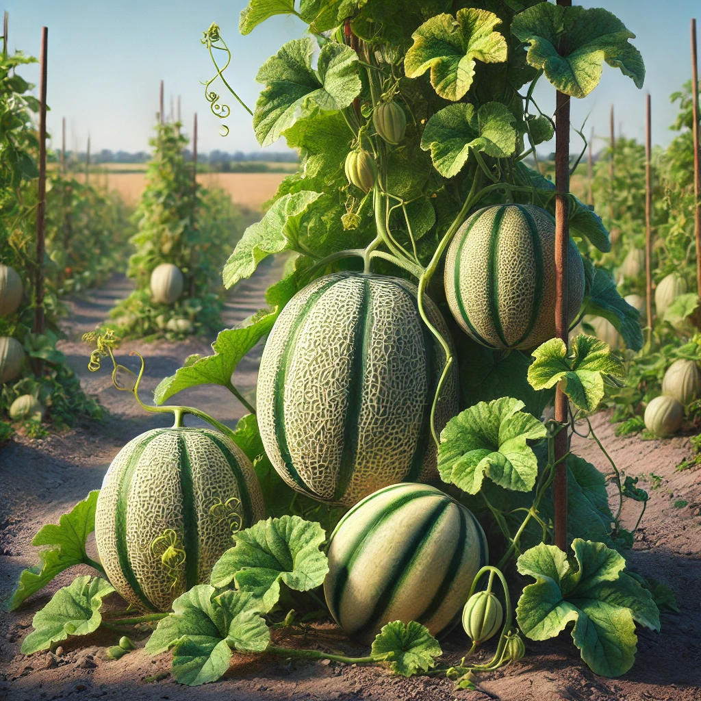 Melonen, die in einem sonnigen deutschen Feld wachsen. Die Melonen hängen an grünen, rankenden Pflanzen mit großen Blättern. Der Hintergrund zeigt eine ländliche Landschaft mit Feldern unter blauem Himmel