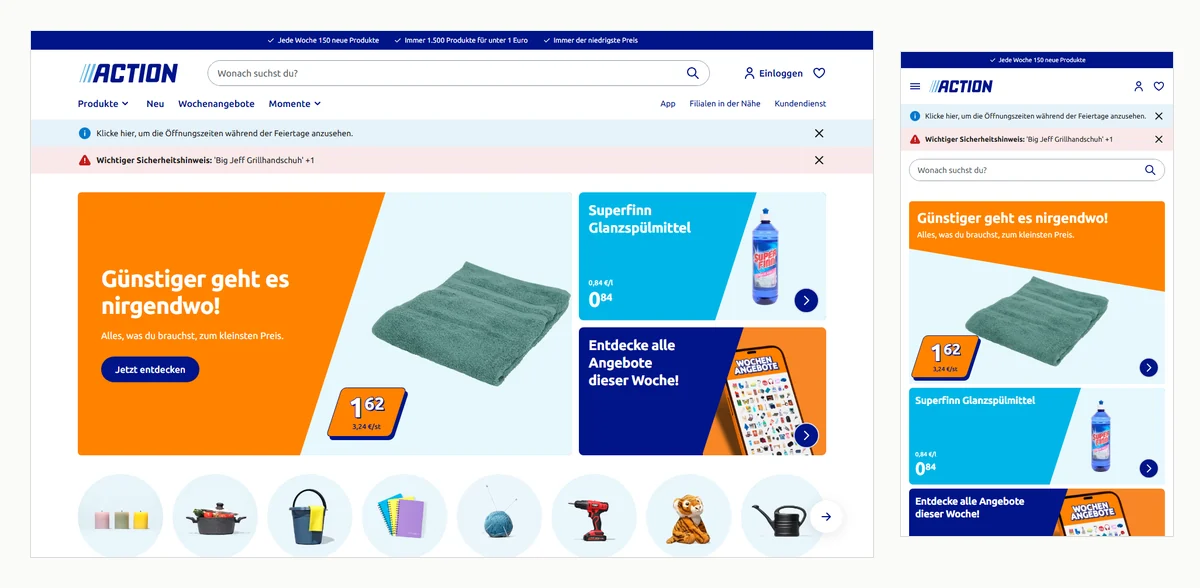 Startseite von action.com für Deutschland: in der Kopfleiste stehen Suche, Einloggen und ein Herz für Favoriten, rechts App, Filialen in der Nähe und Kundendienst. Ein Warenkorb fehlt. Darunter die Wochenangebote mit Produktpreisen. Rechts dieselbe Seite auf dem Smartphone.