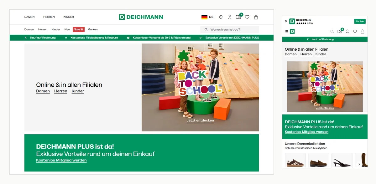 Startseite des Deichmann Online-Shops: Navigation für Damen, Herren, Kinder, Neu, Sale und Marken, darunter eine grüne Leiste mit den Hinweisen Kauf auf Rechnung, kostenlose Filialabholung und Retoure sowie kostenloser Versand ab 39 Euro. Rechts dieselbe Seite auf dem Smartphone.