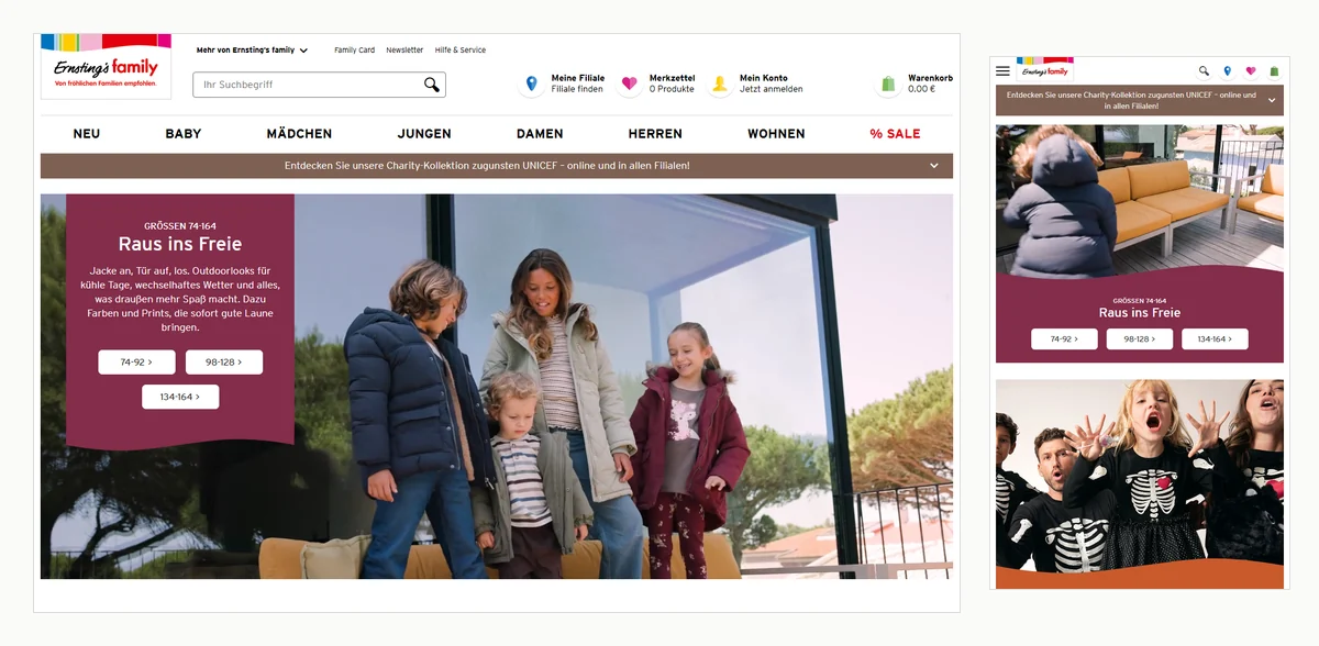 Startseite des Ernsting's family Online-Shops: links die Desktopansicht mit Suchfeld, Filialauswahl, Warenkorb und der Hauptnavigation von Neu bis Sale, rechts dieselbe Seite auf dem Smartphone mit Menübutton und untereinander gestapelten Aktionsflächen.
