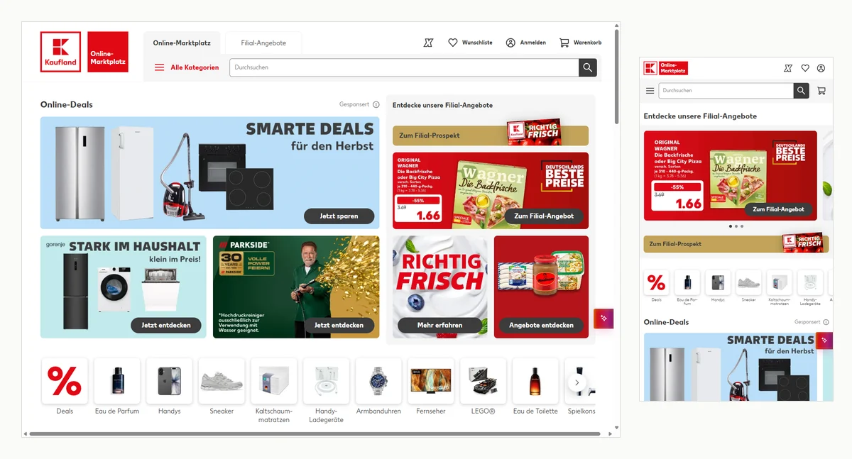 Startseite von Kaufland.de mit den zwei Reitern Online-Marktplatz und Filial-Angebote, darunter Suchfeld, Wunschliste, Anmelden und Warenkorb. Im Inhalt Online-Deals für Haushaltsgeräte, daneben Kacheln für den Filial-Prospekt. Rechts dieselbe Seite auf dem Smartphone.