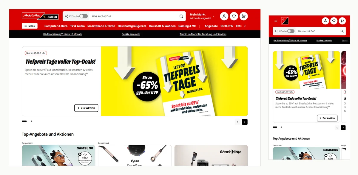 Startseite des MediaMarkt Online-Shops: rote Kopfleiste mit MediaMarkt- und Saturn-Logo, Suchfeld, Marktauswahl, Kundenkonto und Warenkorb, darunter die Navigation mit Computer & Büro, TV & Audio, Smartphone & Tarife, Haushaltsgroßgeräte, Gaming und Angebote sowie ein Aktionsbanner. Rechts dieselbe Seite auf dem Smartphone.