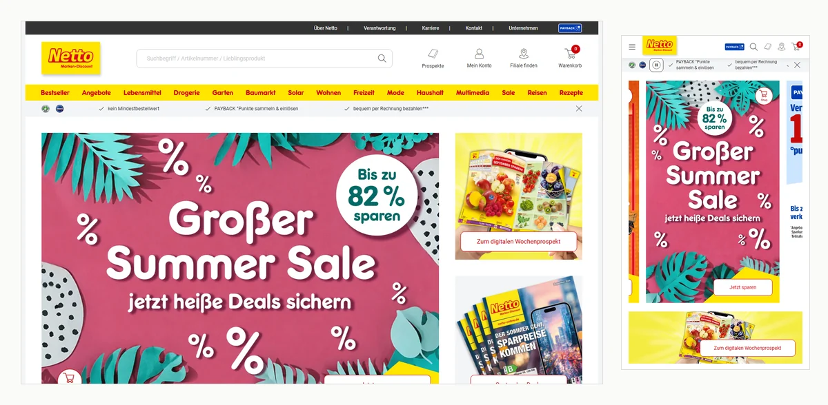 Startseite von netto-online.de: das rot-gelbe Logo von Netto Marken-Discount, oben rechts Prospekte, Mein Konto, Filiale finden und ein Warenkorb, darunter die Warengruppen von Bestseller über Lebensmittel bis Rezepte. Rechts dieselbe Seite auf dem Smartphone.