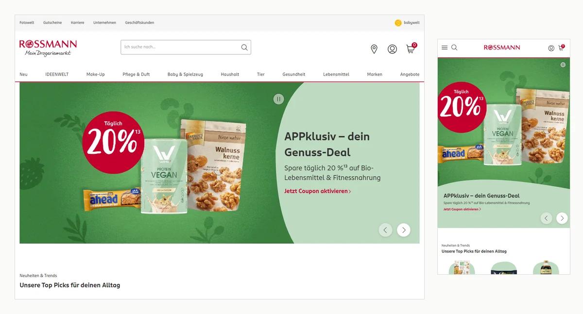 Startseite von rossmann.de: rotes Rossmann-Logo mit dem Zusatz Mein Drogeriemarkt, Suchfeld, Navigation von Neu über IDEENWELT, Make-Up und Pflege & Duft bis Angebote, dazu Filialfinder, Kundenkonto und Warenkorb-Symbol oben rechts. Rechts dieselbe Seite auf dem Smartphone.