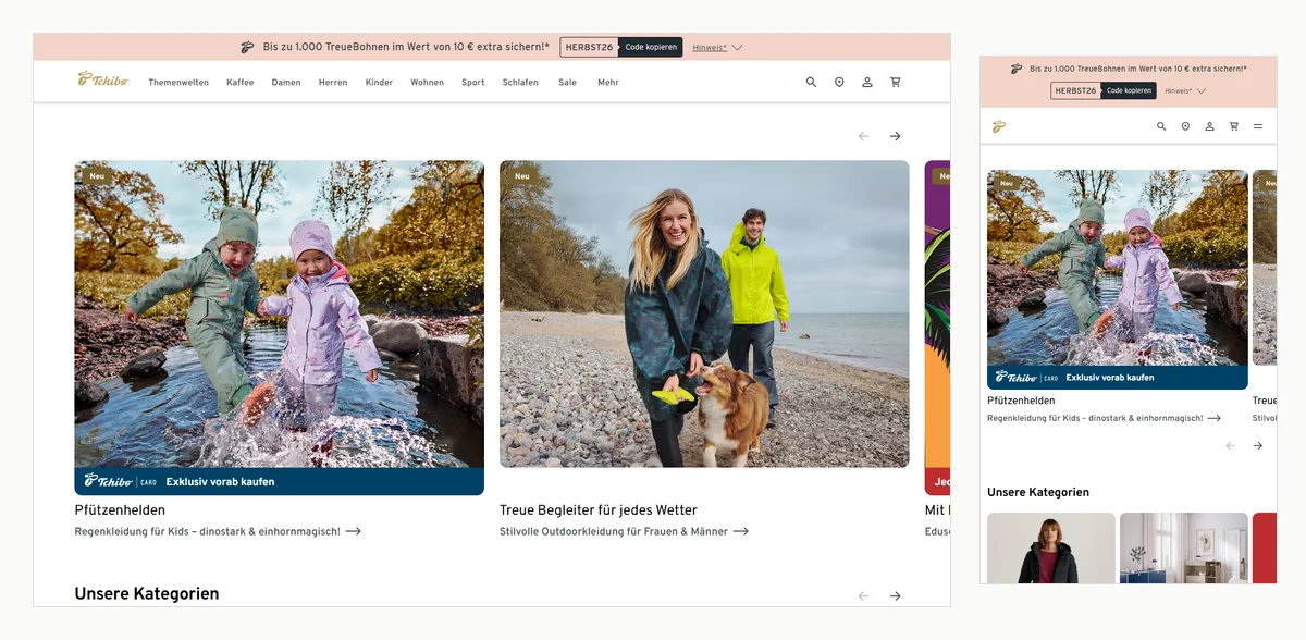 Startseite des Tchibo Online-Shops: Navigation mit Themenwelten, Kaffee, Damen, Herren, Kinder, Wohnen, Sport, Schlafen und Sale, rechts Suche, Filialfinder, Kundenkonto und Warenkorb. Oben ein Aktionsbanner für TreueBohnen. Rechts dieselbe Seite auf dem Smartphone.