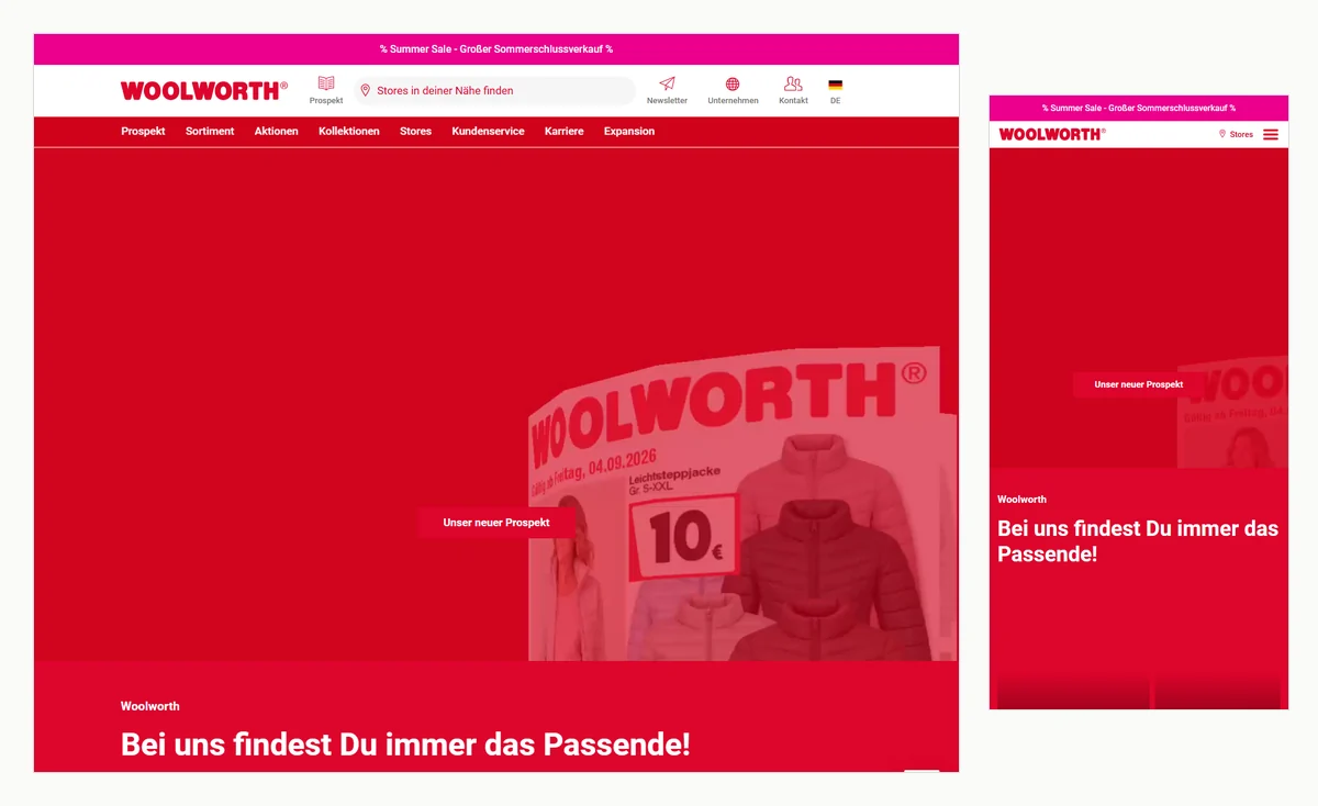 Startseite von woolworth.de: Die Navigation führt Prospekt, Sortiment, Aktionen, Kollektionen, Stores, Kundenservice, Karriere und Expansion, oben rechts stehen Newsletter, Unternehmen und Kontakt. Ein Warenkorb oder ein Kundenkonto fehlt. Rechts dieselbe Seite auf dem Smartphone.