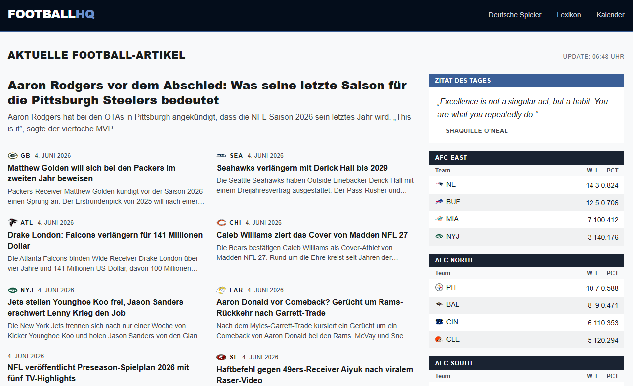 Startseite von FootballHQ.de mit aktuellen NFL-Artikeln, Zitat des Tages und AFC-Standings