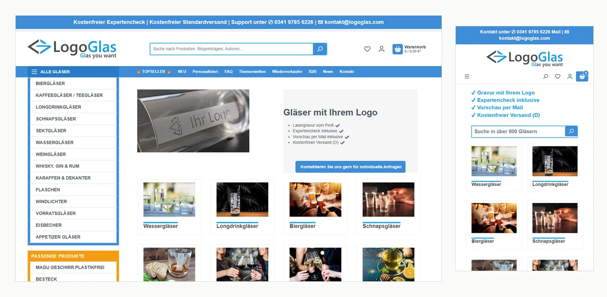 Startseite von logoglas.com: links die Glaskategorien von Biergläsern bis Appetizer-Gläsern, in der Mitte ein Wasserglas mit eingravierter Logofläche und der Überschrift Gläser mit Ihrem Logo, darunter Kacheln für Wassergläser, Longdrinkgläser, Biergläser und Schnapsgläser. Rechts dieselbe Seite auf dem Smartphone.